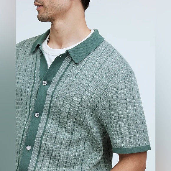 Madewell Men’s Button-Up Sweater Polo Shirt Plaid Stripe in Shaded Grove - Picture 4 of 8